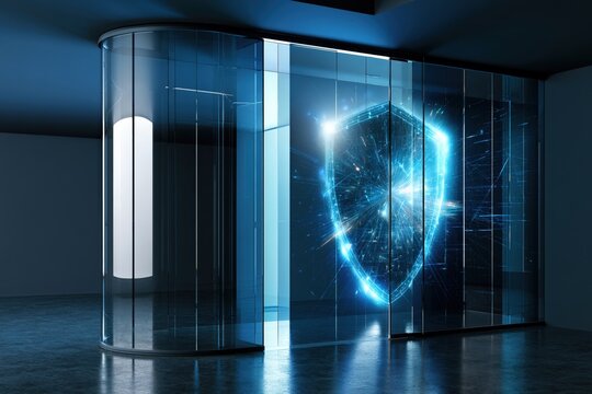 futuristic cybersecurity shield projected inside a transparent glass chamber, advanced digital protection system in a modern data center environment