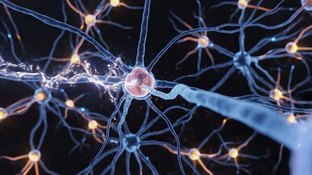 Microscopic illustration of neurons transmitting electrical signals through a complex network