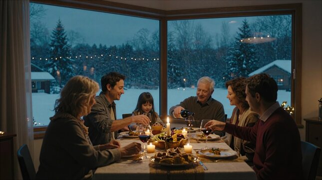 Dinner gathering with family at home during winter season with snow outside