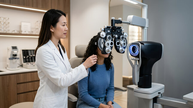Female Optometrist Testing Patient Vision With Phoropter Machine In Modern Optical Clinic