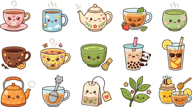 Cute tea and bubble tea flat vector illustration collection featuring teacups, teapot, matcha, milk tea, boba drinks and kawaii beverages isolated on white background