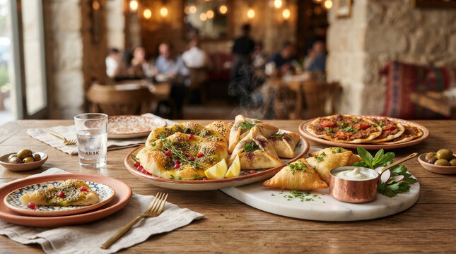 Traditional Lebanese pastries spread on a restaurant table. Middle Eastern mezze platter with fatayer, sambousek, and zaatar flatbread