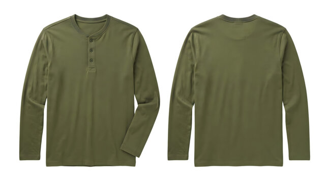 Olive green henley long sleeve t-shirt isolated on white background with clothing menswear isolated background