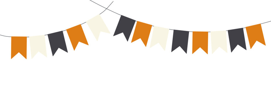 Halloween festive orange, black, white bunting, flags illustration. Decorative border, bunting, garland, festive banner. Autumn holiday design element. Vector clip art on transparent background