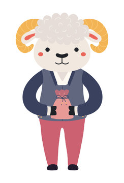 Cute sheep boy in hanbok, holding traditional Korean gift character isolated. Hand drawn cartoon vector illustration. Flat design. Seollal holiday card, poster, banner element