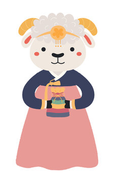 Cute sheep girl in hanbok, holding traditional Korean gift character isolated. Hand drawn cartoon vector illustration. Flat design. Seollal holiday card, poster, banner element