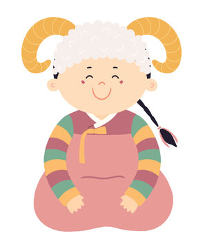 Cute girl in Korean clothes hanbok in sheep hat character isolated. Hand drawn cartoon vector illustration. Flat design. Seollal holiday card, poster, banner element