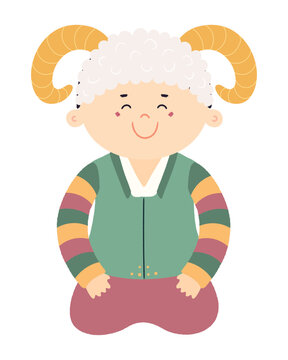 Cute boy in Korean clothes hanbok in sheep hat character isolated. Hand drawn cartoon vector illustration. Flat design. Seollal holiday card, poster, banner element