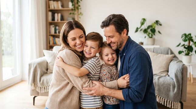 Loving Parents Embracing Their Son and Daughter in a Warm Family Hug