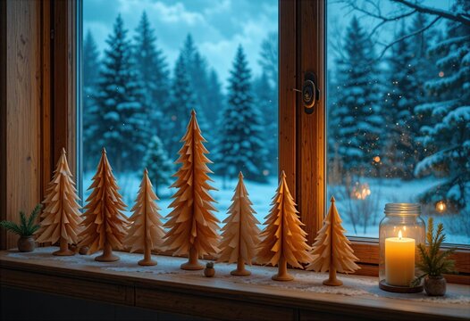 Wooden trees and a candle sit on a window sill during winter in a snowy landscape