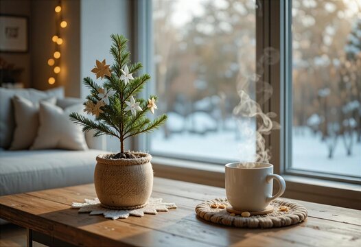 Winter morning scene with small tree and steaming cup on table near window