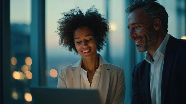 Business meeting at sunset with two colleagues looking at a laptop in an office