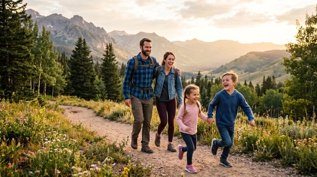 Happy Family Enjoying an Outdoor Adventure and Quality Time Together in Nature