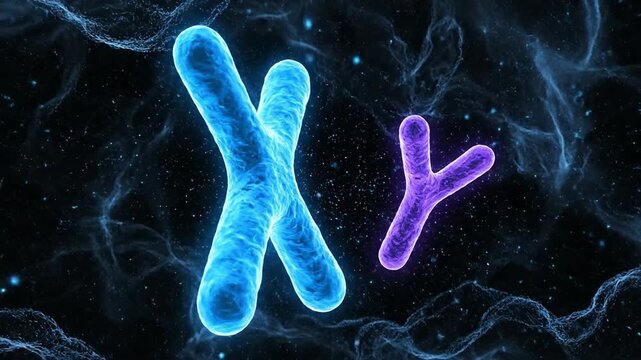 Microscopic view of rotating X and Y sex chromosomes in a dark abstract biological environment