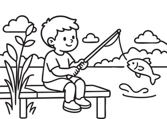 Cute Boy Fishing Coloring Page Black and White Vector Illustration for Kids