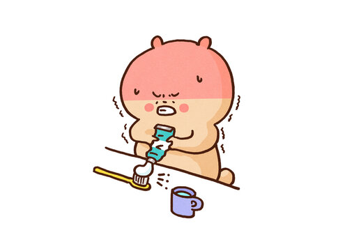 Bear squeezing the last bit of toothpaste out of a tube with all its strength, saving money or eco-friendly frugality concept