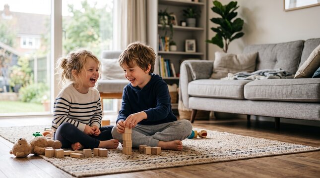 Happy Brother and Sister Playing Together and Enjoying Childhood at Home
