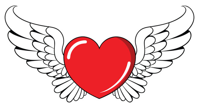 Bright red heart icon with white angel wings isolated on white