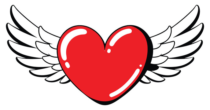 Bright red heart symbol with white angel wings illustration