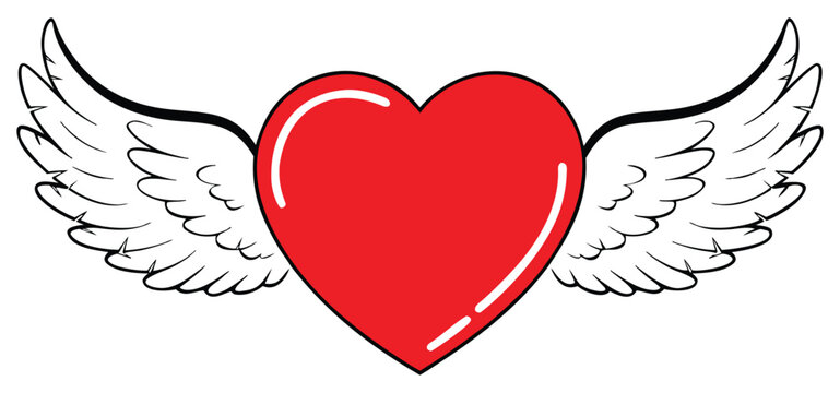 Red heart with white wings isolated on a white background