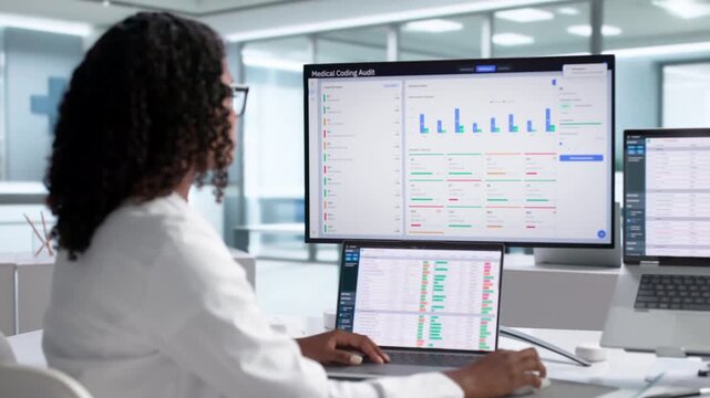 Medical Coder Carefully Reviews Healthcare Claims Using Laptop