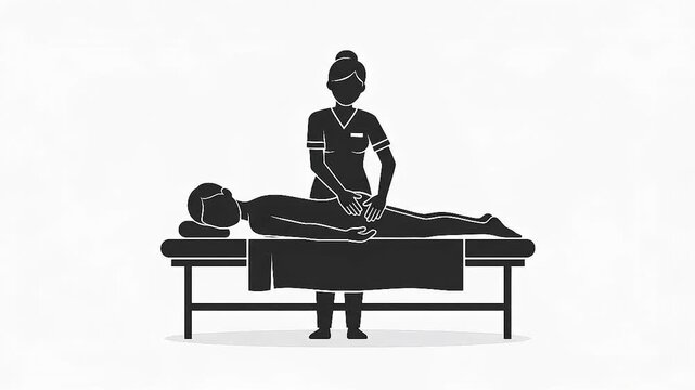 Massage therapist giving back massage to client on massage table vector illustration.