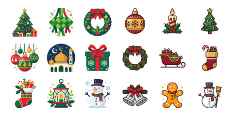 Fototapeta premium Pixel Art Christmas and Holiday Icons Set: Tree, Snowman, Gifts, Ornaments, Bells