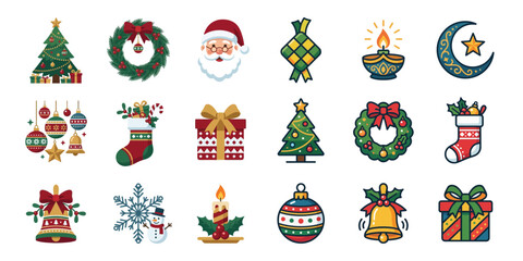 Fototapeta premium Pixel Art Christmas Icons Collection: Santa, Tree, Gifts, Snowman, Wreath, Stocking, Bell