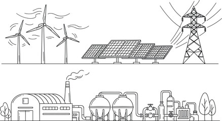 Sustainable energy infrastructure line art vector set featuring wind turbines solar panels power tower and factory facility illustration © Leon