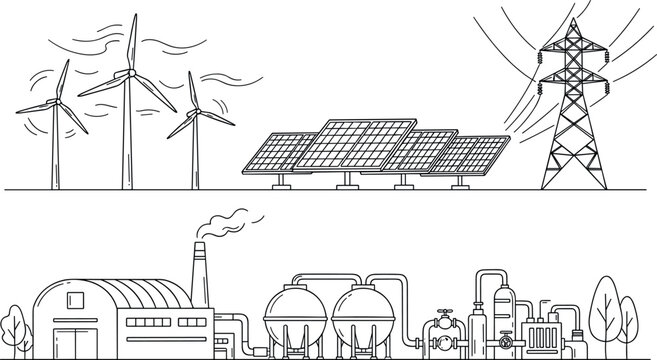 Sustainable energy infrastructure line art vector set featuring wind turbines solar panels power tower and factory facility illustration