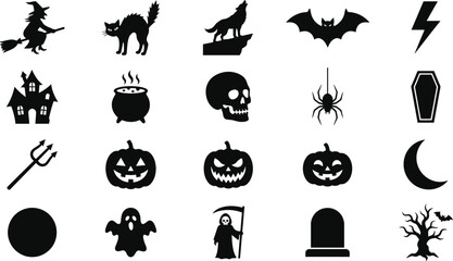 Fototapeta premium Spooky Halloween black icon silhouettes set featuring witch cat wolf bat lightning bolt house cauldron skull spider coffin pitchfork pumpkins moon ghost grim reaper and gravestone.