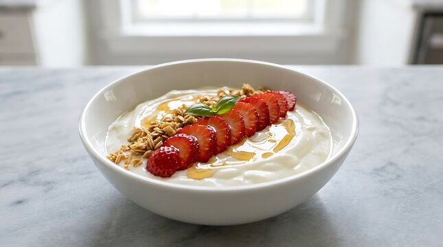 Greek Yogurt Bowl with Roasted Tomatoes, Honey and Nuts as a Healthy Breakfast and Gourmet Brunch Concept on Marble Table