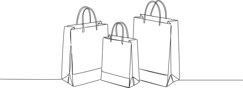 continuous line drawing of three paper shopping bags. minimalist retail, e-commerce, shopping, sale, and eco-friendly branding concept. line art vector illustration