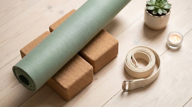 Yoga Essentials Flat Lay with Cork Blocks, Rolled Mat and Strap as a Mindful Wellness and Home Fitness Concept on Wooden Background