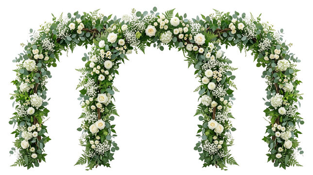 Elegant floral wedding arch with white roses and eucalyptus, romantic garden flower gate for ceremony decor, lush botanical entrance frame isolated PNG with Transparent Background