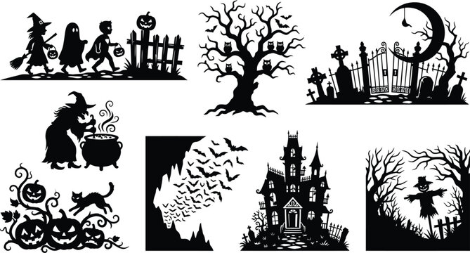 Spooky Halloween vector silhouettes set featuring trick or treating children scary witch graveyard haunted mansion bats scarecrow spooky tree and carved pumpkins patch.
