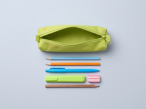 School Supplies Flat Lay with Green Pencil Case, Pens and Pencils as a Back to School and Education Concept on Blue Background
