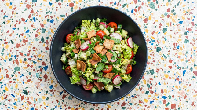 Overhead flat lay of traditional Fattoush salad in a black bowl. Healthy Middle Eastern vegetable salad on colorful terrazzo background