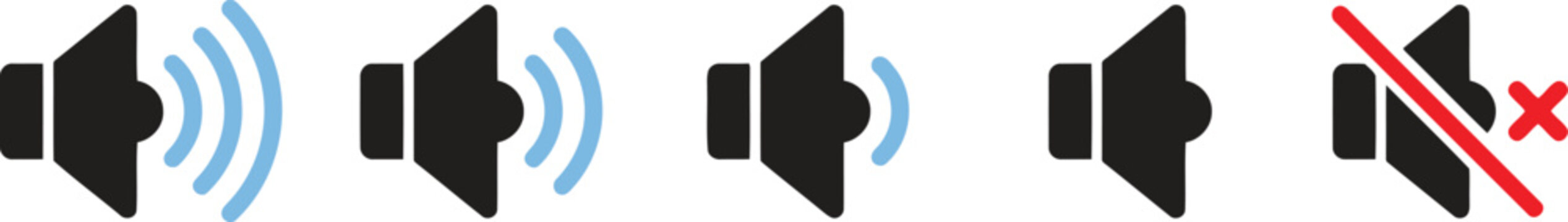 Set of black and blue volume speaker sound level icons with mute button