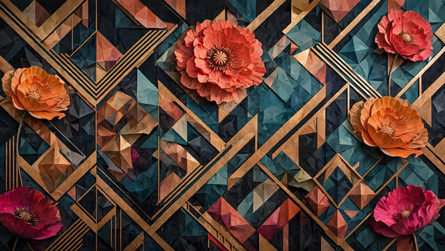 Elegant creative art deco floral geometric background with paper poppy bloom, gold chevron lines, teal dark blue low poly faceted pattern, premium luxury 3D wallpaper modern decorative abstract design