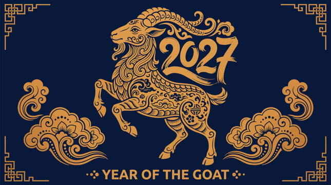 Chinese New Year 2027 Year of the Goat vector illustration, golden zodiac ram with traditional oriental patterns on dark blue background, lunar new year greeting card with clouds.