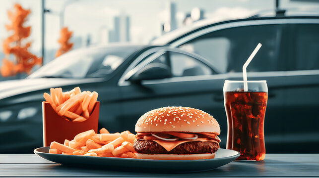 Classic cheeseburger meal with french fries and soda drink outside
