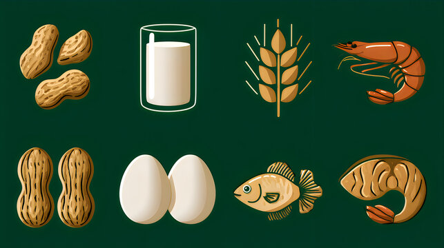 Set of common food allergens icons on dark background with food safety