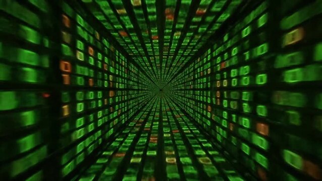 Digital tunnel of green and orange binary code receding into a virtual data space.