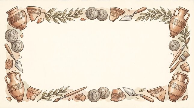 Hand Drawn Archaeological Frame Border with Ancient Artifacts and Excavation Tools