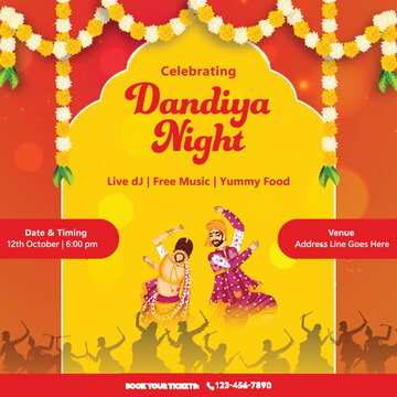 Dandiya Night Event Poster with Indian People Dancing Folk Dance on Yellow and Orange Decorative Toran Background.