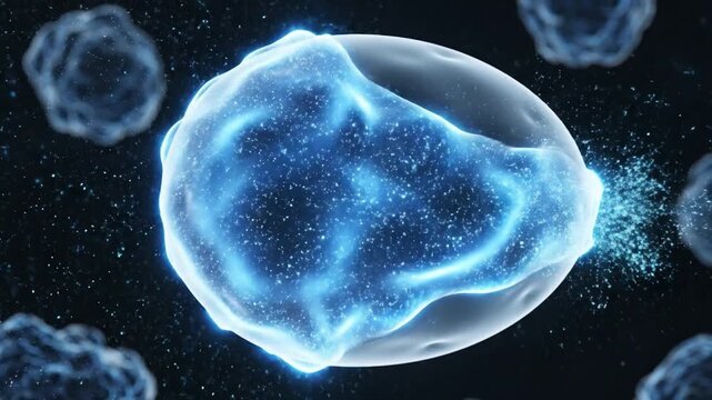 Microscopic view of sperm entering an egg cell causing a glowing blue calcium wave at conception