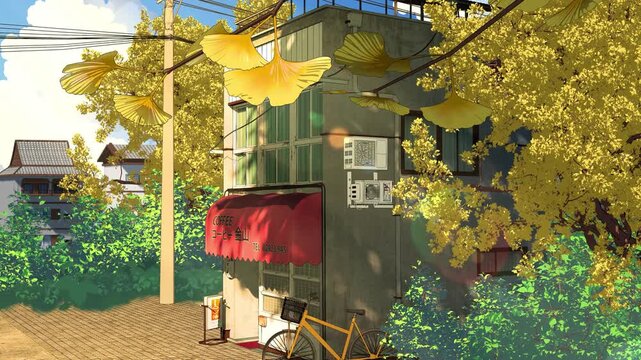 Autumn Japanese Cafe and Ginkgo Trees