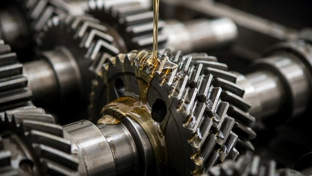 Industrial mechanical engine gearbox metal gears being lubricated with thick yellow machine oil pouring over rotating steel cogs for friction reduction and smooth power transmission.