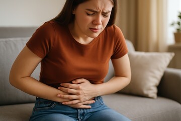 Fototapeta premium Young woman with stomach pain sitting on sofa at home, abdominal cramp concept